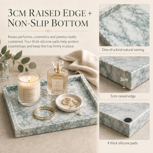 Natural Marble Decorative Tray, 11.8"x7.87" Solid Stone Serving Tray with Raised Border, Versatile Rectangle Organizer for Entryway Key, Coffee Table, Nightstand, Jewelry & Home Accent (Green) - Image 4