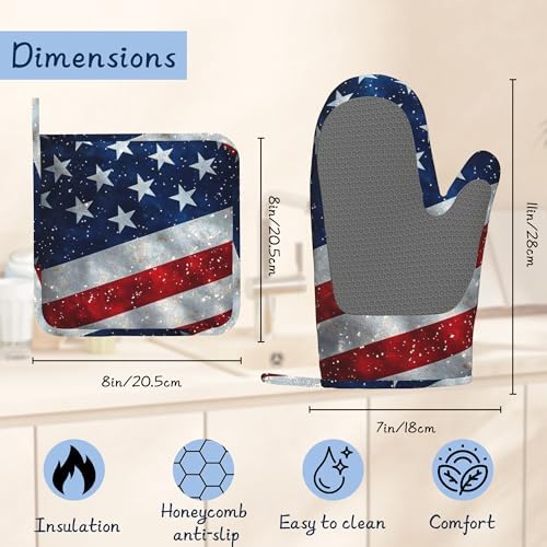 American Flag Oven Mitts and Pot Holders Sets,Extra Long 4th of July Kitchen Mittens for Cooking,Thick Cotton Heat Resistant Silicone Cooking Utensils Set for Baking Cooking Grilling - Image 2
