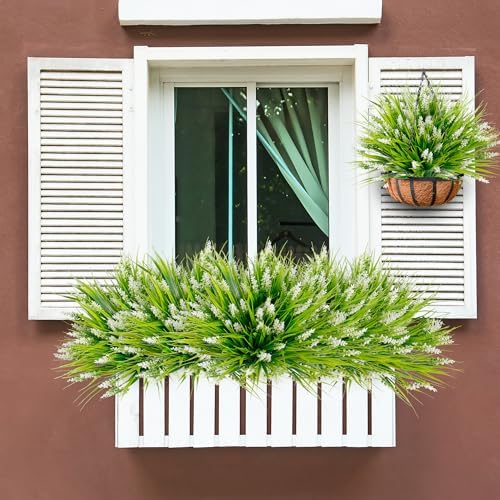 Sggvecsy 12 Bundles Artificial Plants Outdoor Faux Lavender Flowers Fake Monkey Grass UV Resistant Plastic Greenery Plants for Garden Home Porch Window Patio Hanging Planter Indoor Decor (White) - Image 3