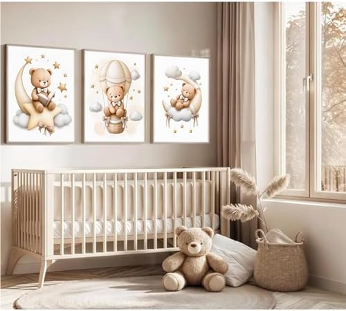 Teddy Bear Nursery Wall Art Decor Baby Boy Girl Room Pictures Bear Nursery Canvas Wall Art Decor Vintage Children's Room Posters Toddler Kids Neutral Artwork for Bedroom Playroom 16x24x3 Unframed - Image 5