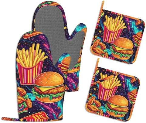 Oven Mitts and Pot Holders Sets,Hamburger French Fries Thick Cotton Kitchen Oven Mitt Set,Funny Food Waterproof Anti-Slip Silicone Mittens for Baking,Cute Cooking Utensils Set for Bakeries Barbecues by SNOWMOLLE