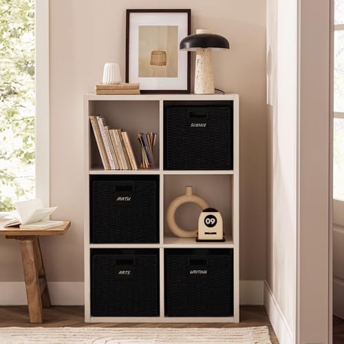 UBBCARE 4 Pack Wicker Basket, 13×13 Storage Cubes with Label, Foldable Cube Storage Bin with Handle, Square Storage Basket for Shelves, Woven Paper Rope Basket for Organizing, Black - Image 5