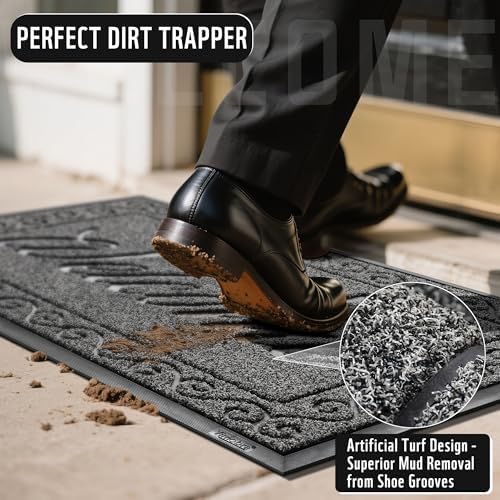 Yimobra Welcome Mat, Heavy Duty Sturdy Door Mats for Home Entrance Outdoor Indoor, Front Doormat for Outside Patio Floor Entry Porch Garage Office, Waterproof, Low Profile, 29.5x17, Black Grey - Image 4