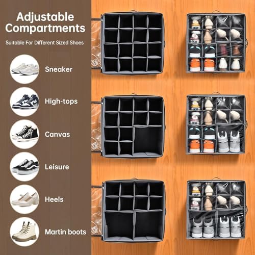 INSTY 2 Pack Shoe Organizer for Closet, Fits up to 32 Pairs, Adjustable Dividers for Shoe Storage, Fabric Shoe Storage Bins with Clear Cover, Grey - Image 3
