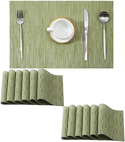 Leetaltree Pea Green Placemats Set of 12 - Heat Resistant Non-Slip Place mats for Dining Table, Washable Durable PVC Vinyl Woven Table Mats（Pea Green, 12） by Leetaltree-ArtatEveryTable