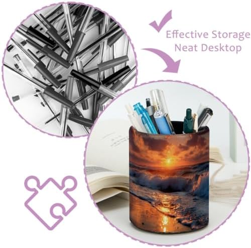 Leather Pen Holder for Desk, Coastal Sunset Pencil Cup Pen Organizer Makeup Brush Holder for Office Home Kids Countertop Desk Accessory Storage - Image 4