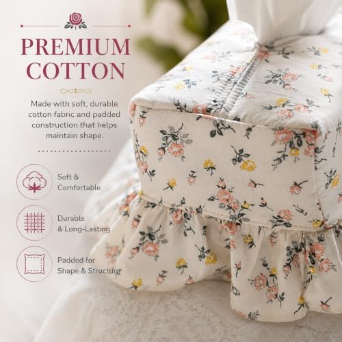 Cotton Tissue Box Cover, Thick Padded Rectangle with Lace, Rose Floral - Image 6