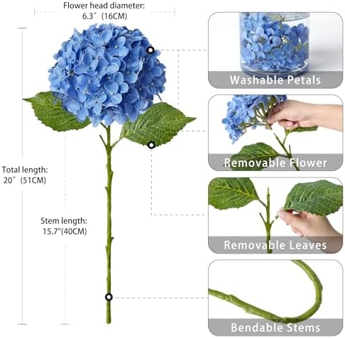 ZYTUYO 4 Pcs Royal Blue 20 inches Real Touch Hydrangea Artificial Flowers Boho Lifelike Real Looking Latex Hydrangeas Flower with Long Stem for Indoor Living Room Spring Home Decor Table Flower - Image 4
