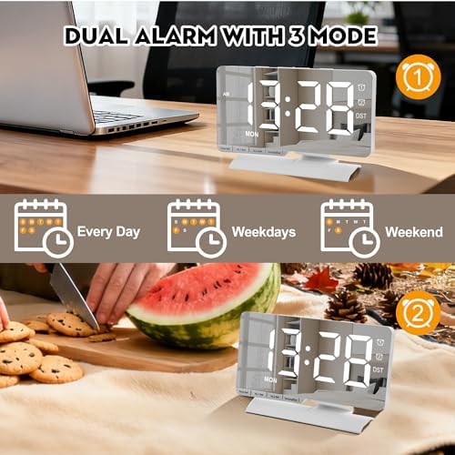 SZELAM Digital Clock,Alarm Clock Bedside,7.3'' Large LED Mirror with Date Display,Dual Alarm with 3 Mode,Brightnee Adjust,DST,Snooze Function,USB C Charging Port,5 Levels Volume for Desk Bedroom Teens - Image 7