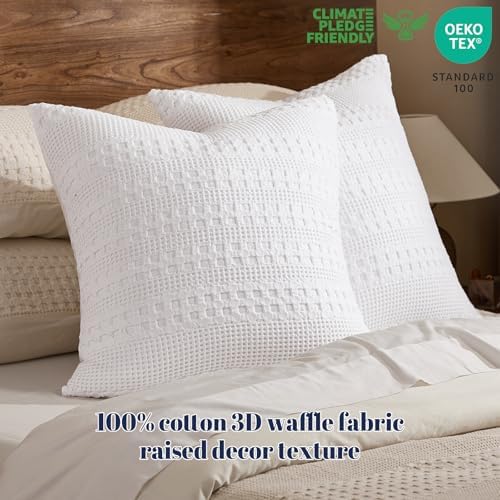 PHF Cotton Waffle Weave Euro Sham Covers 26" x 26", White, No Insert - Image 3