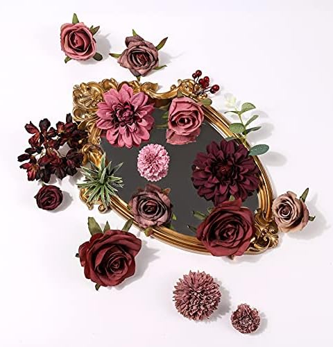 Serra Flora Artificial Flowers Combo Dahlia 25pcs Silk Fake Flowers Roses for DIY Wedding Bouquets Burgundy Centerpieces Arrangements Party Bridal Baby Shower Home Decorations(Burgundy) - Image 5