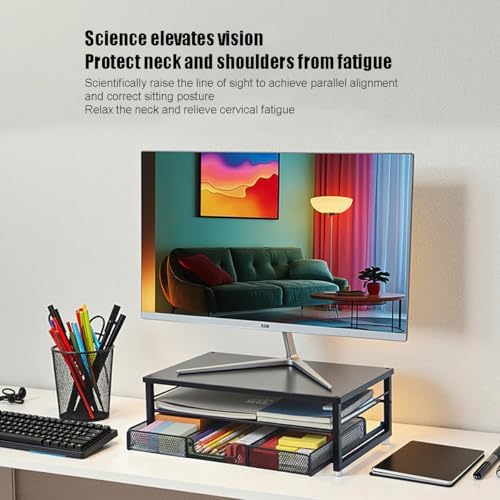 Desktop Monitor Stand with Drawers, 2-Layer Elevated Computer Laptop Riser with Storage, Metal Mesh Organizer Rack for Office - Image 3