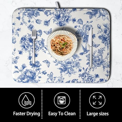 Dish Drying Mat for Kitchen Counter Blue and White Floral Drying Mats Chinoiserie Vintage Flowers Dish Drying Pad for Dishes Microfiber Absorbent Dish Drainer Rack Mat for Countertop 16x18 Inch - Image 4