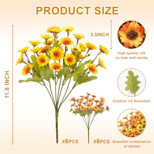 Artificial Daisy Mums for Outdoors, 12 PCS Fall Flowers, Yellow+Orange - Image 4
