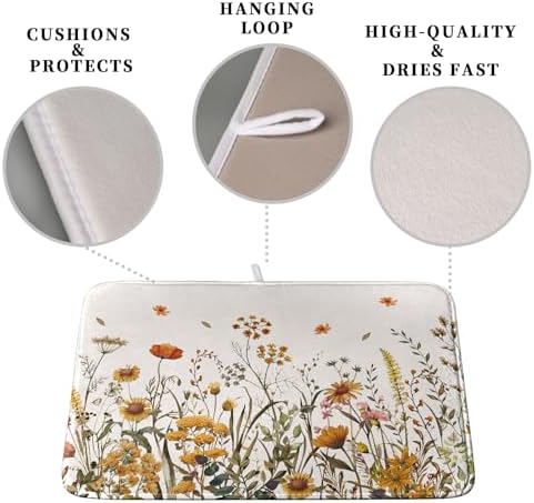 Fall Floral Dish Drying Mat for Kitchen Counter Autumn Burnt Orange Wild Flowers Dish Draining Mat Absorbent Microfiber Dishes Pad Washable Dish Drainer Rack Mat Medium 16"x18" - Image 3