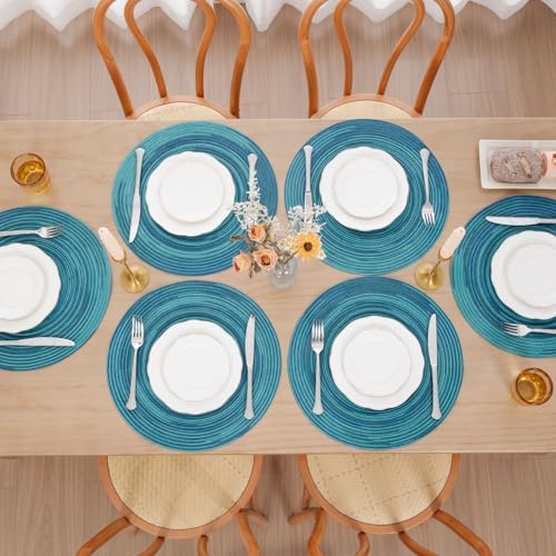 SHACOS 15 inch Round Placemats Set of 8 Variegated Multicolor Place Mats Cotton Polyester Braided Non Slip Washable Heat Resistant Table Mats for Home Wedding Dinner Party Table Decor, Rainbow Teal - Image 2