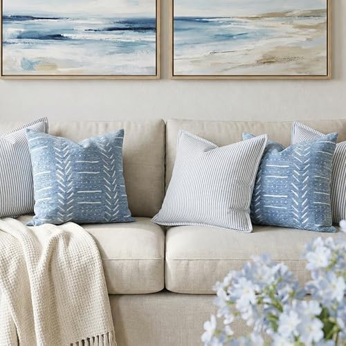 BlissBlush Coastal Blue Decorative Throw Pillow Covers 20x20 Set of 2, Soft Woven Chenille Accent Pillow Covers for Couch Sofa Bed, Textured Farmhouse Cushion Covers for Living Room - Image 3
