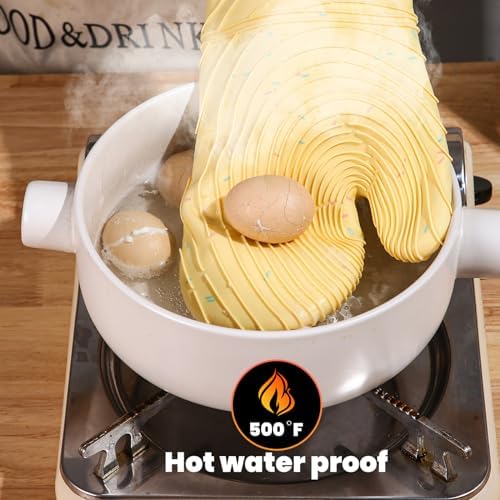 4 Pieces Oven Mitts and Pot Holders of Macaron Color Thickened Non-Slip Silicone Kitchen Gloves, Heat Resistant up to 500F, Essential for Kitchen Baking(makal-Huang) - Image 5