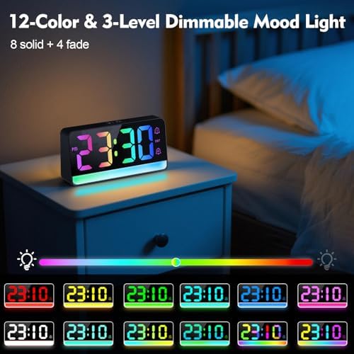 ALANAS Large Display RGB Digital Alarm Clock for Bedrooms, Dynamic Color Night Lights, Dual Alarms, Snooze, Dimmer/3 Volume, USB Ports, Plug in Clocks for Kids, Teens, Seniors, and Heavy Sleepers - Image 2