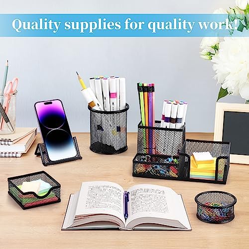 Mesh Pen Holder for Desk Pencil Holders 5 Pieces Desk Organizer Office Supplies Caddy with Sticky Notes Holder for Office School Home Black - Image 2