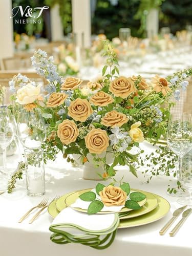 Artificial Flowers Real Touch Fake Roses with Stem Decor,25Pcs-Gold Yellow - Image 2