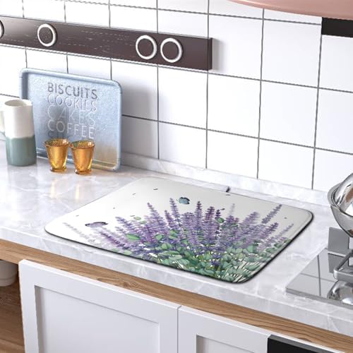 Purple Lavender Dish Drying Mat for Kitchen Counter Spring Summer Floral Microfiber Dish Drainer Mats Green Leaves Butterfly Absorbent Reversible Dish Drainer Rack Mat 16x18 Inch - Image 5