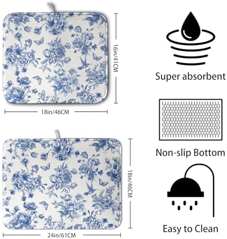 Dish Drying Mat for Kitchen Counter Blue and White Floral Drying Mats Chinoiserie Vintage Flowers Dish Drying Pad for Dishes Microfiber Absorbent Dish Drainer Rack Mat for Countertop 16x18 Inch - Image 2