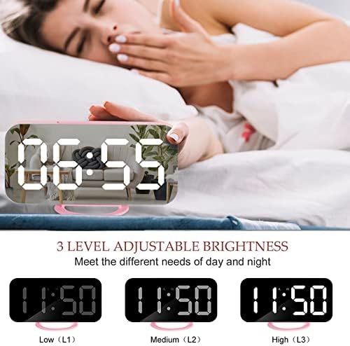 Lamisola Pink Digital Alarm Clock for Girls, Large LED Mirror Desk Clock, 2 USB Charging Ports, Nightstand Table Aesthetic Sleek Clocks Decor for Bedroom Office, Pink - Image 4
