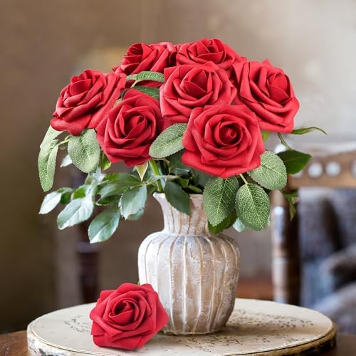 Mocoosy 50 Pcs Artificial Flowers Red Roses Bulk, Real Looking Foam Fake Roses with Stems Bulk DIY Wedding Bouquet Floral Arrangement Bridal Shower Centerpieces Party Home Table Decorations - Image 5