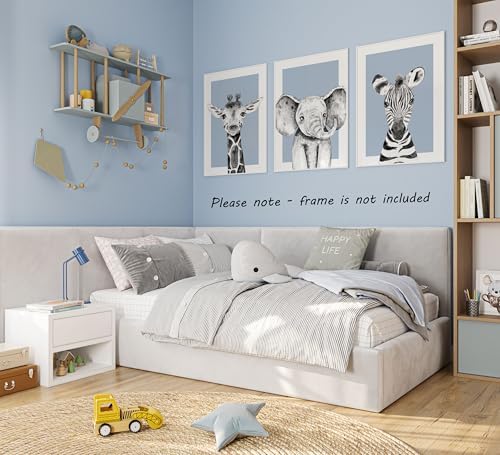 Safari Animals Baby Girl Boy Set of 3 Nursery Unframed Prints, Bedroom Decor Wall Art Posters, Black and White Elephant Giraffe Zebra, Blue Background (11x14) - Image 2