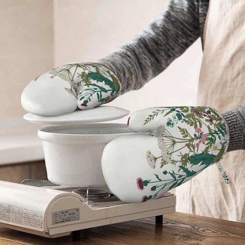 Herbs and Wild Flowers Oven Mitts and Pot Holders Sets of 4, Colorful Botanical Silicone Oven Mitts Heat Resistant, Non-Slip BBQGloves for Chef Kitchen Cooking Baking Grilling Microwave - Image 2