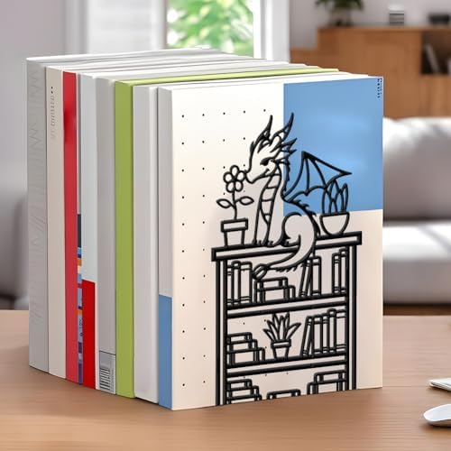 WADORN Dragon Reading Book Metal Bookends for Shelves Decorative 1 Pair, Heavy Duty Books End Support Non-Skid Book Holder Black L-Shaped Book Stopper for Home Office Desk Book Divider, 4.7x3.5x7 Inch - Image 5