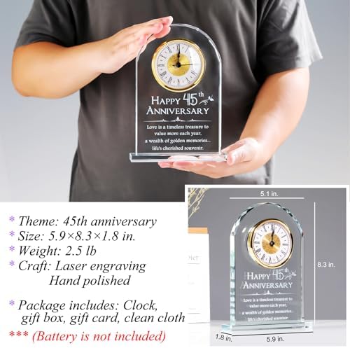 YWHL 45th Wedding Anniversary Quartz Clock Gift for Parents, 45 Year Anniversary Romantic Gifts for Couples, Happy 45th Anniversary Glass Keepsakes Decorations (Battery not Included) - Image 3