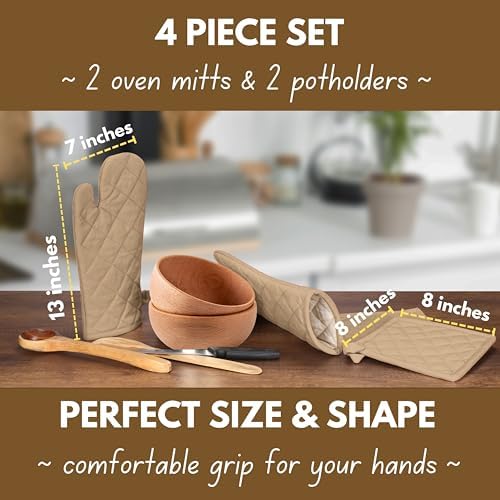 Native Fab Pot Holders and Oven Mitts Sets for Kitchen Heat Resistant- Hanging Non-Slip - 100% Cotton Oven Mitts and Pot Holders 4-Piece Set- Beige - Image 2