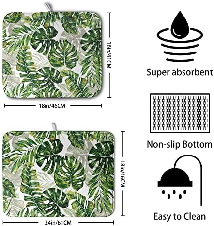 Tropical Palm Leaves Dish Drying Mat for Kitchen Counter 18x24 Inch, Green Monstera Kitchen Drying Mat,Watercolor Herbs Dishes Pad Dish Drainer Rack Mats Absorbent Fast Dry Kitchen Accessories - Image 2
