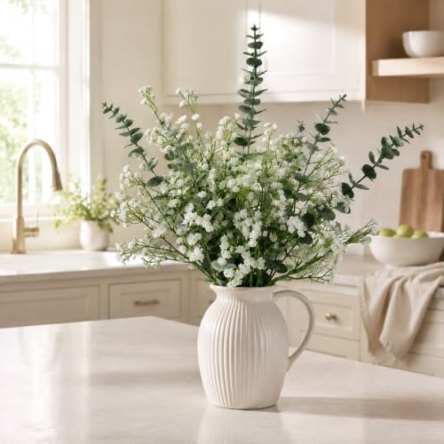 White Babys Breath Artificial Flowers with Fake Eucalyptus Leaves, 18Pcs - Image 3