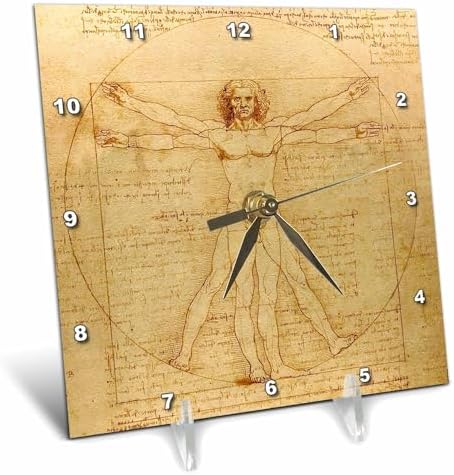 3dRose Vitruvian Man by Leonardo Da Vinci 1490 - Fine Anatomical Art - Human Anatomy Pen and Ink Drawing - Desk Clock, 6 by 6-Inch (dc_155633_1) by 3dRose