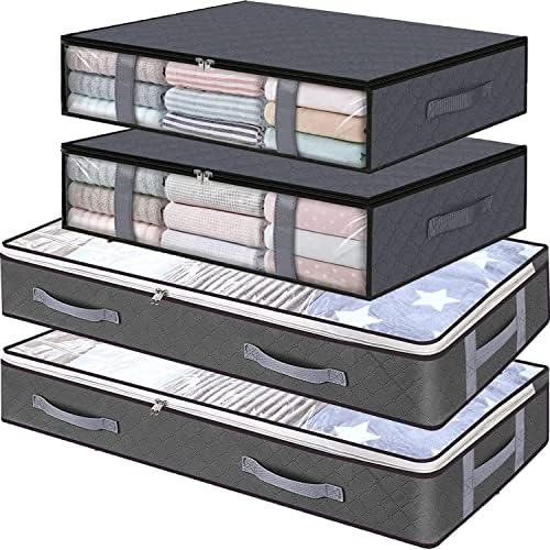 Under Bed Storage Containers, 4-Pack Large Capacity Underbed Storage Bags Organizer, Thick Fabric Storage Bins with Clear Window and Handles for Blanket, Comforter, Bedding, Clothes, Gray by ASANMEYO
