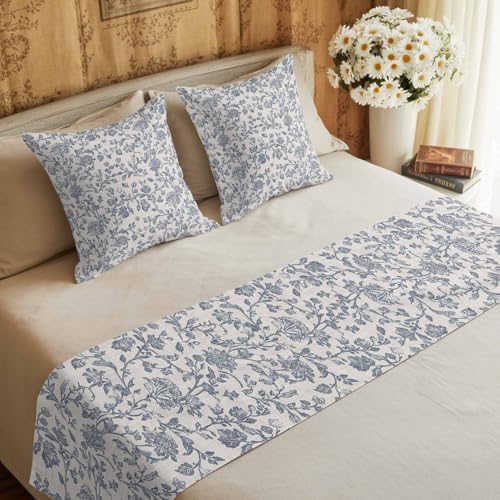 Beige Farmhouse Bed Runners for Cal King Size Beds Blue Boho Flower Bed Scarf Matching Decorative Throw Pillow Covers Vintage Botanical on Linen Hotel Beds End Blanket Towel Soft Bedspread Protection - Image 6