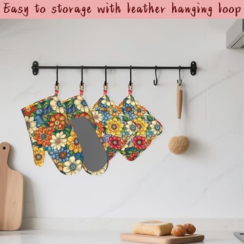 Flower Heat-Resistant Silicone Oven Mitts and Pot Holders,Cute Mandala Floral Long Oven Gloves with Non-Slip Grip for Cooking, Baking, Grilling,BBQ - Image 5