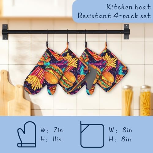 Oven Mitts and Pot Holders Sets,Hamburger French Fries Thick Cotton Kitchen Oven Mitt Set,Funny Food Waterproof Anti-Slip Silicone Mittens for Baking,Cute Cooking Utensils Set for Bakeries Barbecues - Image 4