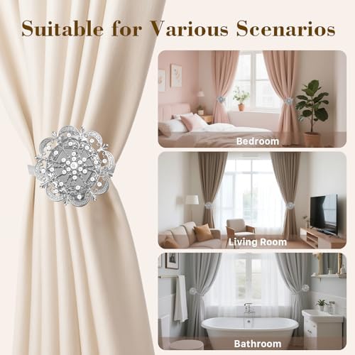 Magnetic Curtain Tiebacks 2 Pack, Silver Crystal Mandala Curtain Holdbacks, No-Drill Magnetic Curtain Ties for Living Room, Bedroom & Window Decor - Image 5