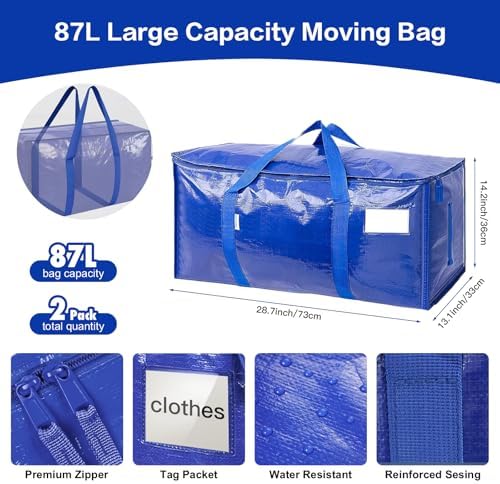 Extra Large Storage Bags, 23 Gallon Capacity, Waterproof Moving Totes with Handles and Label Pocket, Heavy Duty Zipper, Polypropylene Woven Fabric, Foldable Design (2 Pack Blue) - Image 2