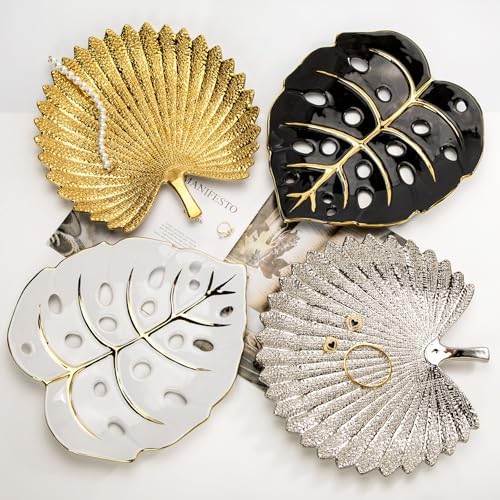 Ceramic Leaf Shaped Decorative Tray, Black Gold Monstera Leaf Plate 12.6"x11" for Jewelry, Keys, Snack, Candle Holder, Modern Table Centerpiece Home Decor - Image 5