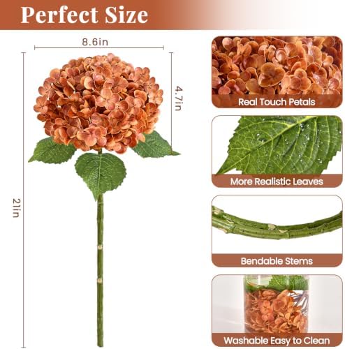 3Pcs 21in Latex Real Touch Hydrangea Artificial Flowers (Fall Orange) - Image 5