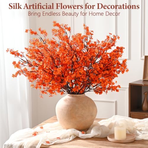 20 Pcs Baby Breath Flowers Artificial Bulk, Fake Fall Flowers, Orange - Image 3