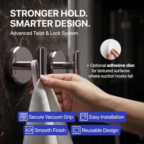 HOME SO Suction Cup Hooks for Bathroom Towel Holder T-Shape 2-Pack Chrome - Image 2