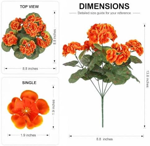 Fake Geraniums Artificial Flowers for Outdoors, 6 Bundles Silk Geraniums Flowers Realistic UV Resistant Fake Plants Faux Flower for Outside Planters Front Door Garden Balcony Yard Porch Indoor, Orange - Image 2