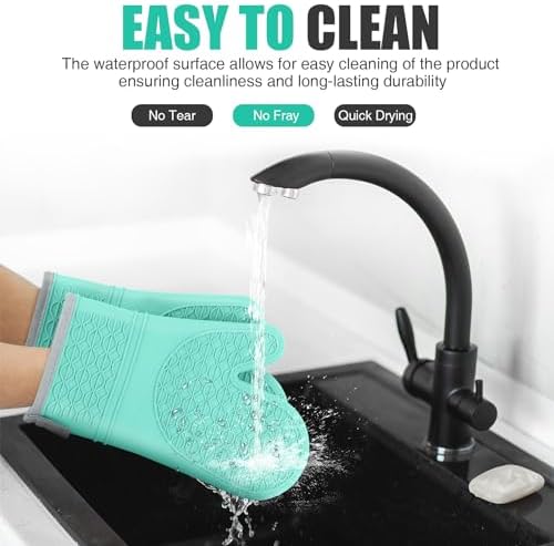 Silicone Oven Mitts, Heat Resistant 2PCS Oven Mitts with Soft Cotton Lining, Waterproof Non-Slip Grip Oven Glove, Kitchen Potholder Mits for BBQ, Baking, Cooking, 12.5 Inch - Green - Image 5
