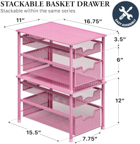 Simple Houseware Stackable 2 Tier Sliding Basket Organizer Drawer, Pink - Image 2